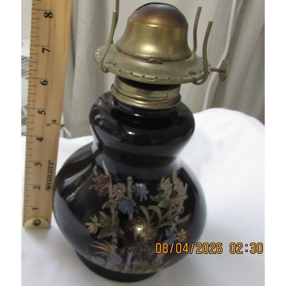 Vintage black glass Kaadan ltd oil lamp 1980s hand painted flowers florals